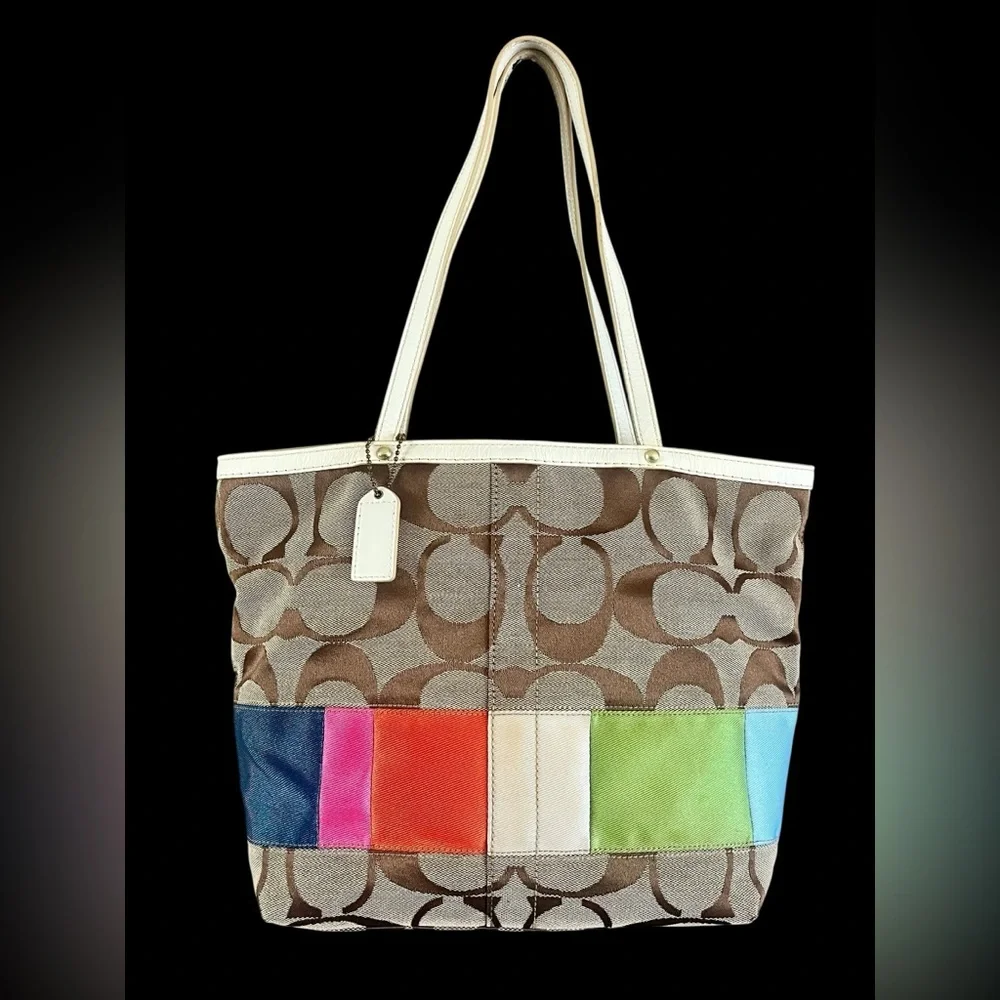 Vintage Coach Brown Signature Canvas Tote with Multicolor Accent Panels